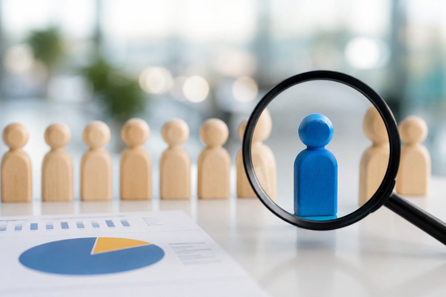 Magnifying glass highlighting a selected applicant among candidates, representing NUS MBA acceptance rate